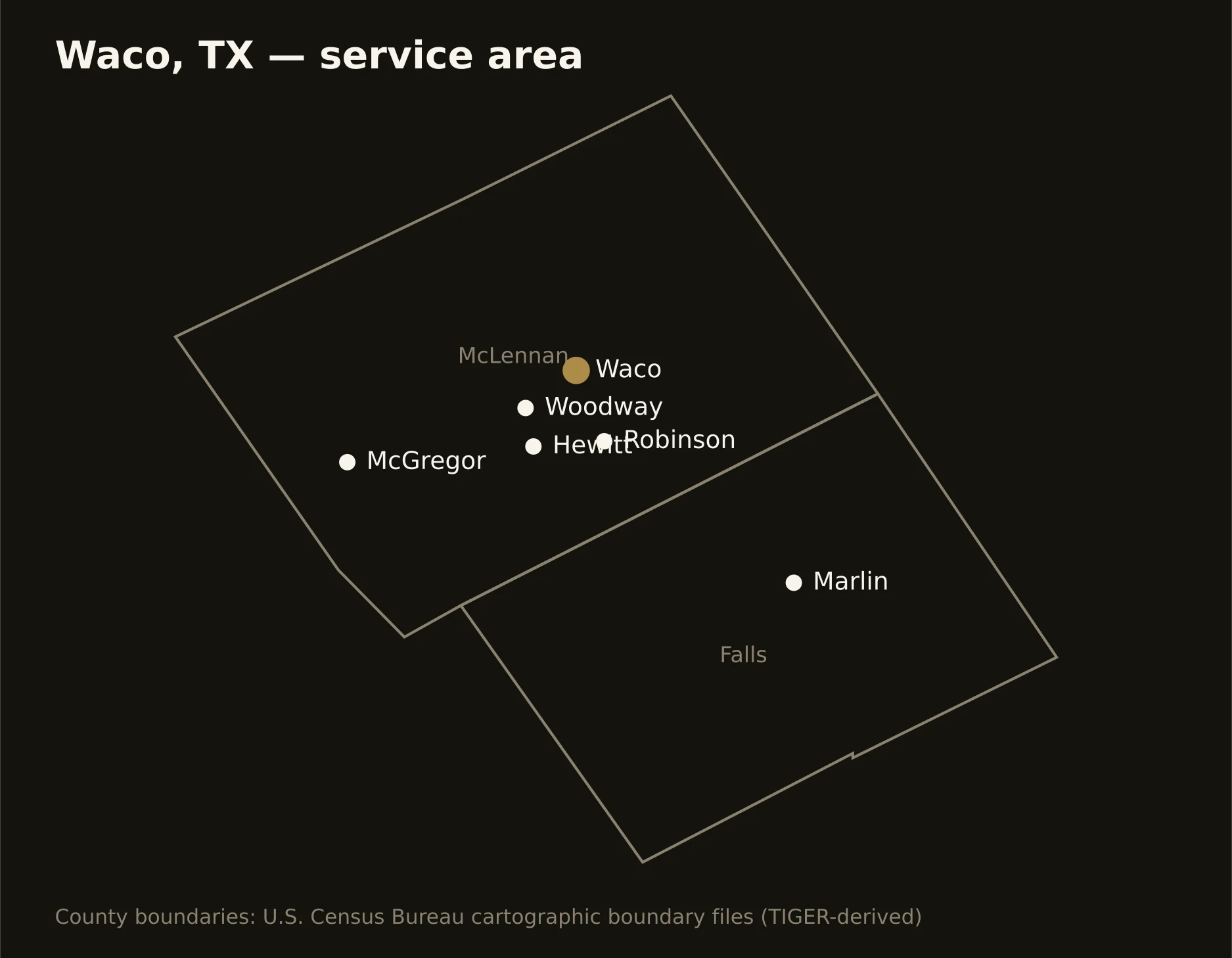 Waco, TX directional drilling service area map — component counties and cities served